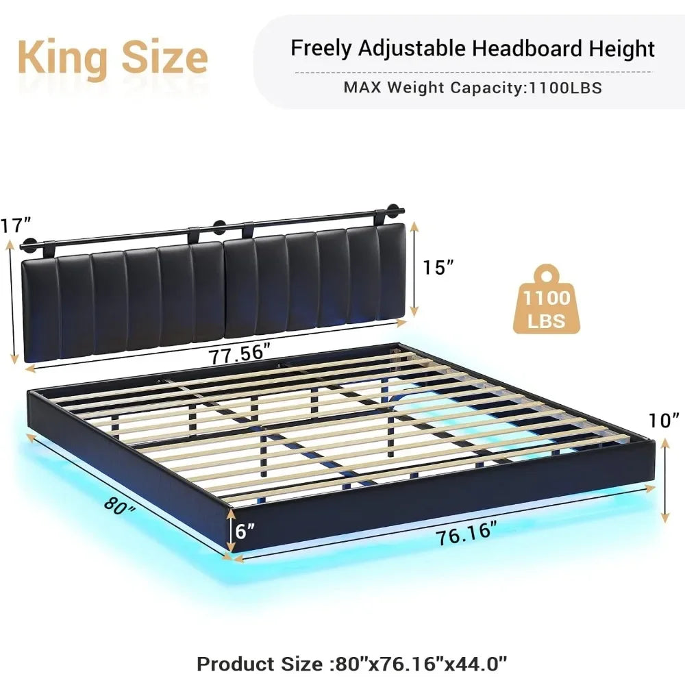 Cadre de lit flottant Queen avec lumières LED et tête de lit fixée au mur Cadre de lit à plateforme à LED Queen Size Rembourré en similicuir