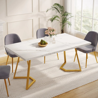 Mesa de comedor dorada Tribesigns: mesa de comedor blanca moderna de 55 pulgadas con patas doradas, mesa de cocina de mármol sintético para 6