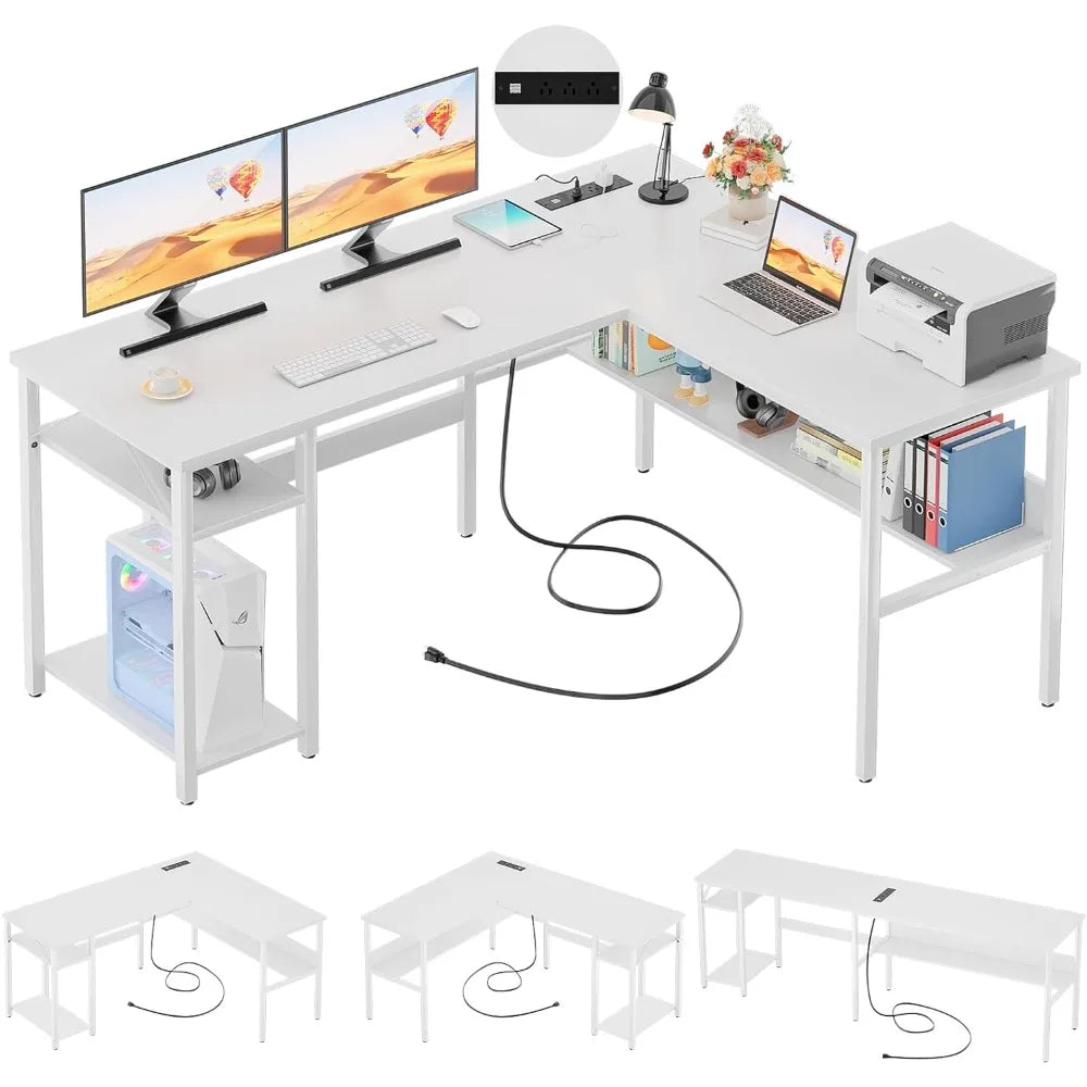 Escritorios de oficina Escritorio de trabajo duradero para oficina en casa Escritorio de computadora reversible en forma de L con tomas de corriente mágicas y puertos de carga USB