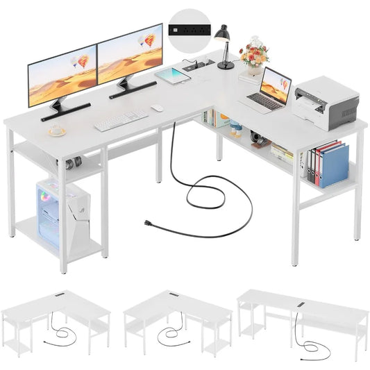 Escritorios de oficina Escritorio de trabajo duradero para oficina en casa Escritorio de computadora reversible en forma de L con tomas de corriente mágicas y puertos de carga USB