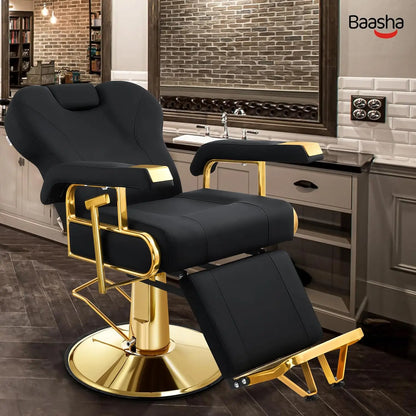 Professional Reclining Salon Chair with Adjustable Backrest, Elegant Black Gold Barber Chair with Heavy Duty Steel Frame