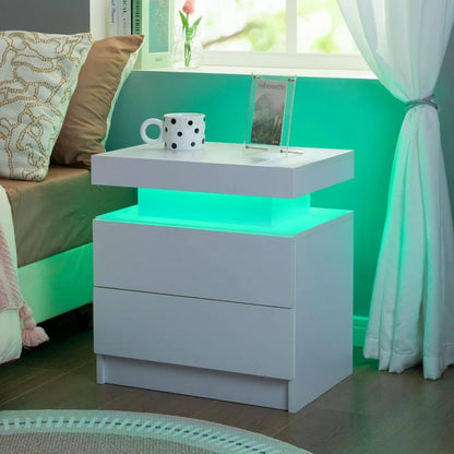 Set of 2 LED Nightstand with 2 Drawers, Bedside Table with Drawers for Bedroom Furniture, Side Bed Table with LED