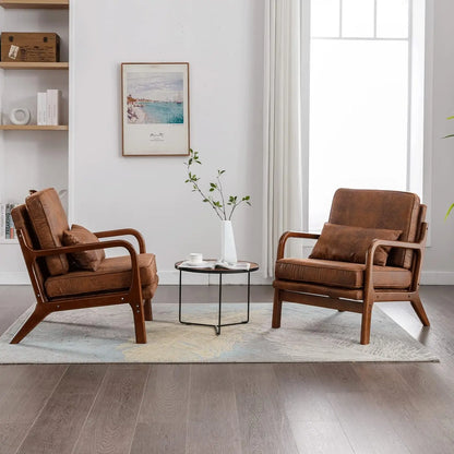 Chair Set of 2 Living Room-Comfy Solid Wood Arm Chair with Lumber Pillow Lounge Decorative Brown Leather Office Side Chair