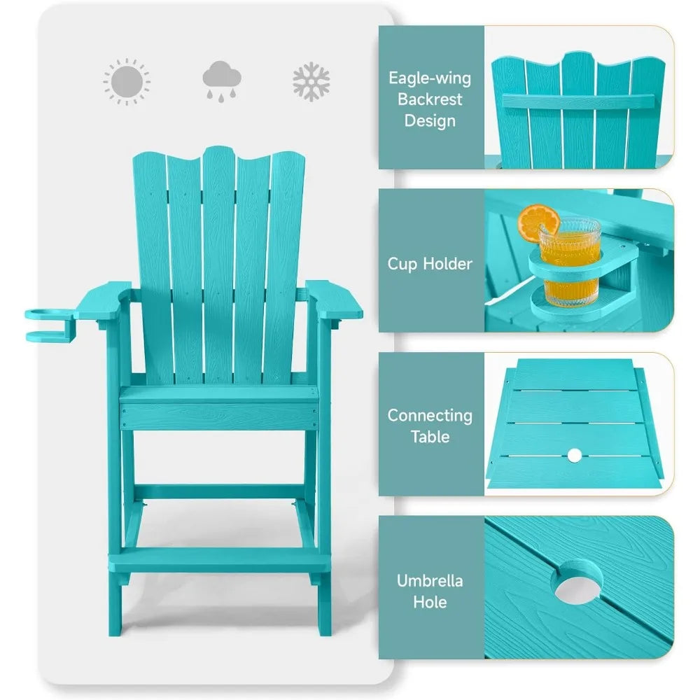 Tall Balcony Chair Set of 2, Patio Adirondack Chairs with Removable Connecting Trays, Outdoor  CupHolder and Umbrella Hole