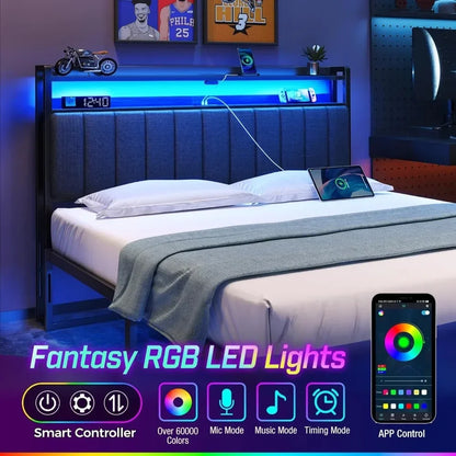 Cabecero para cama matrimonial/twin/queen con espacio de almacenaje, luz LED de 60 000 colores DIY, con USB, altura ajustable, tapizado en negro