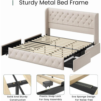 King Size Bed Frame With 4 Storage Drawers And Tufted Headboard Linen Upholstered Platform Wingback Beds,bed Frame