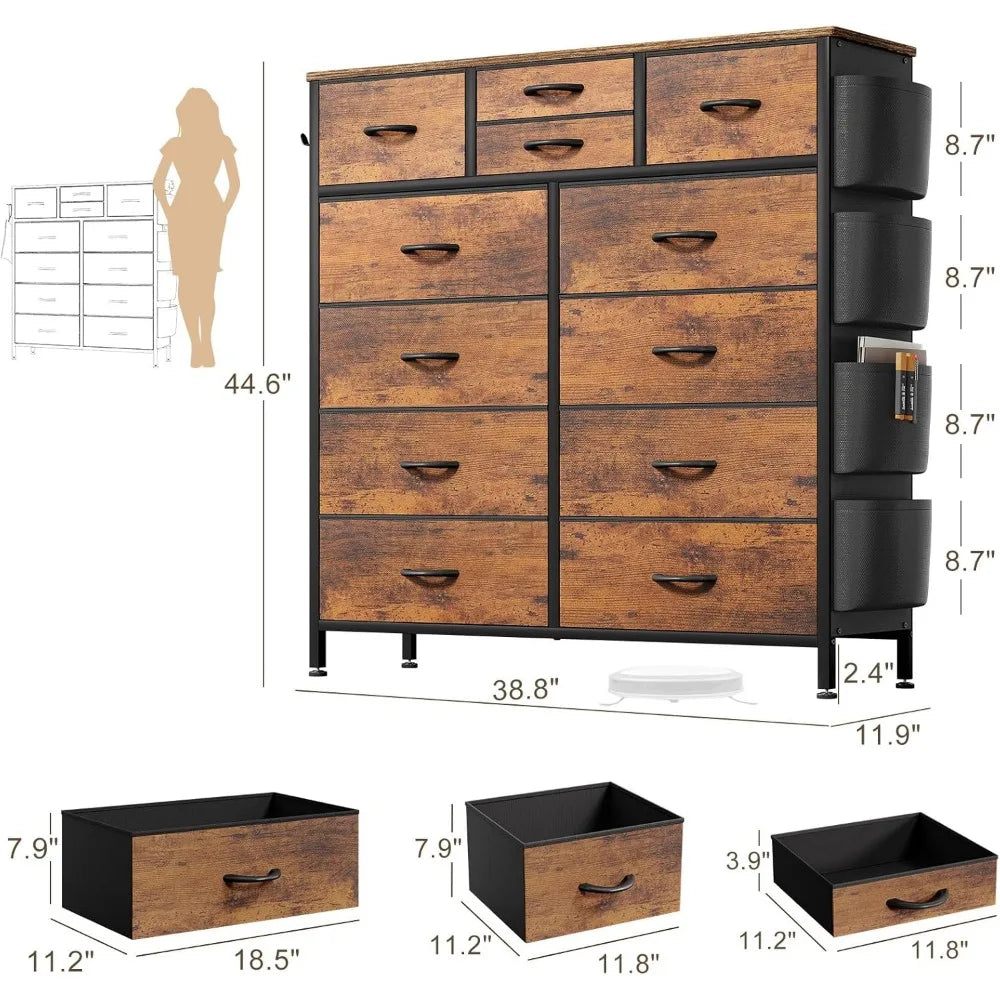 Dresser for Bedroom with 12 Drawers Chest of Drawers with Side Pockets and Hooks PU Fabric Dresser Drawers for Hallway, Entryway