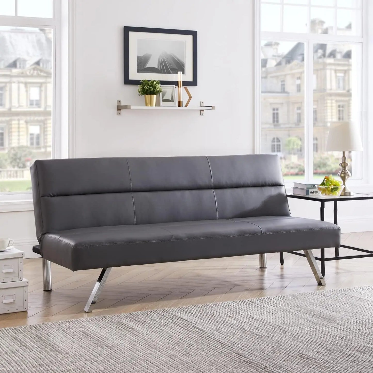 Sofa Bed Faux Leather Futon Couch Modern Convertible Folding Sofa Bed Couch with Chrome Legs, Reclining Mini Couch