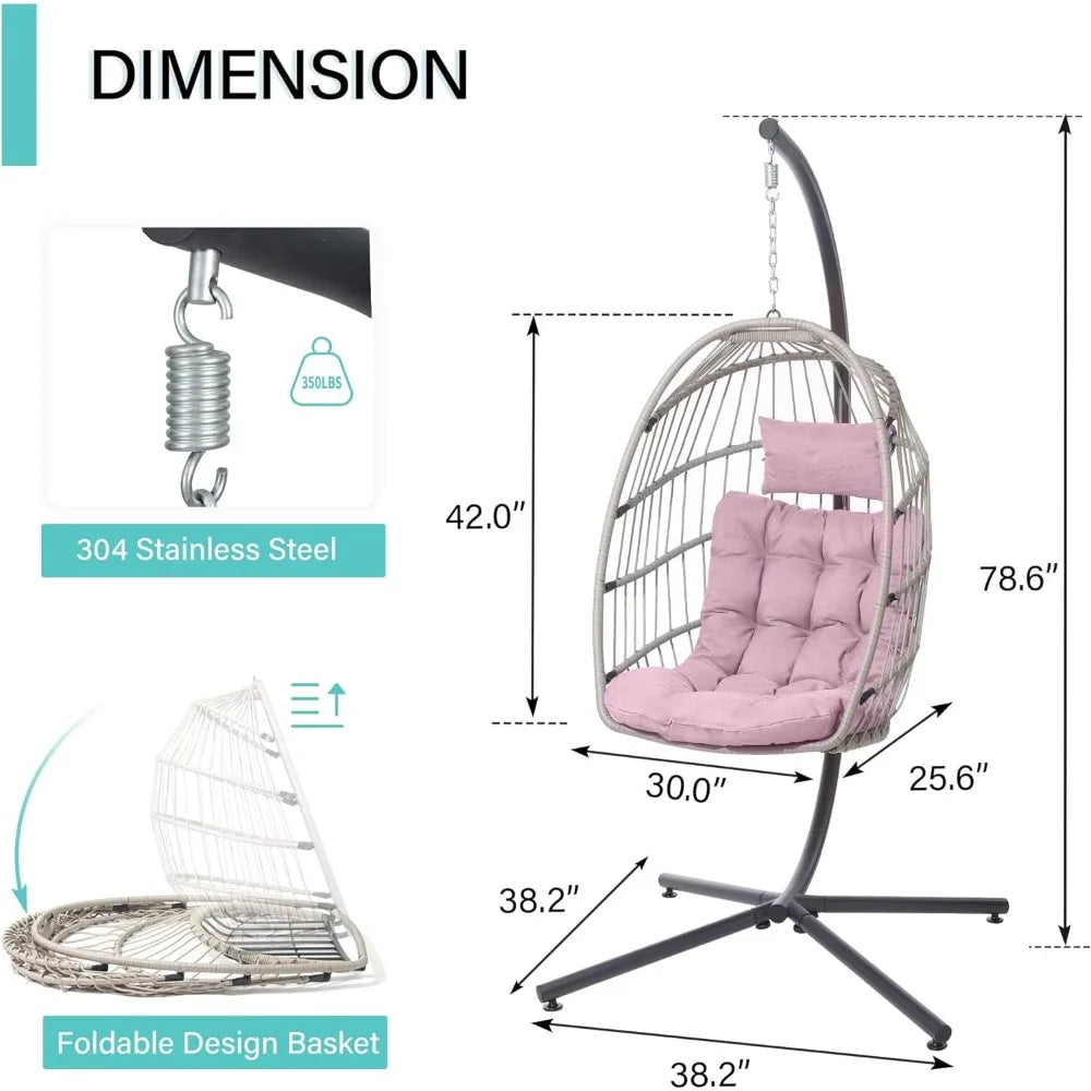 Hanging Egg Chair with Stand, Egg Swing Hammock Chair with Stand, Indoor Outdoor Wicker Egg Chair with Cushion Headrest,Swing