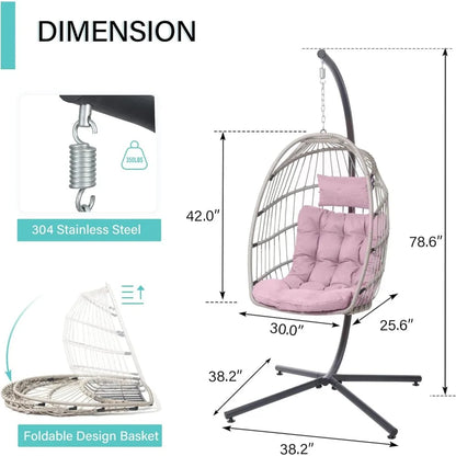 Hanging Egg Chair with Stand, Egg Swing Hammock Chair with Stand, Indoor Outdoor Wicker Egg Chair with Cushion Headrest,Swing