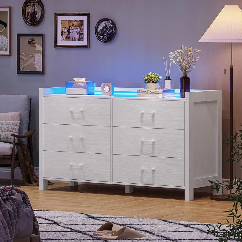 Commode pour chambre à coucher, commode double à 6 tiroirs avec lumières LED, commode en bois, commode de rangement moderne pour chambre à coucher, noire