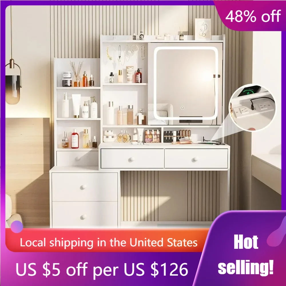 Makeup Vanity Furniture With Mirror Makeup Desk With Led Lighted Mirror in 3 Colors White for Bedroom Air Dresser Dressing Table