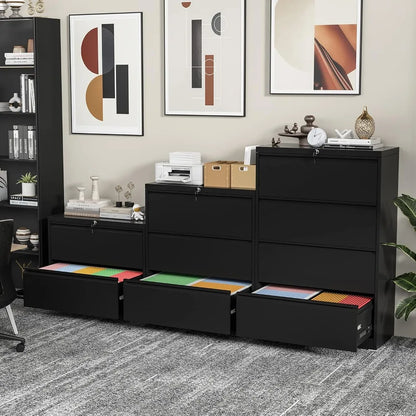 Black Lateral File Cabinet, with Lock3 Drawer Lateral for A4 Size, Metal Steel Locking Wide File Cabinet for Home Office