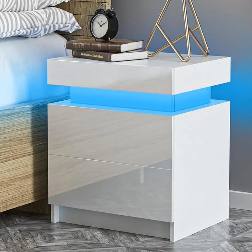 LED Nightstand White Nightstand with Led Lights Modern Night Stand with 2 High Gloss Drawers Led Bedside Table Smart Nigh