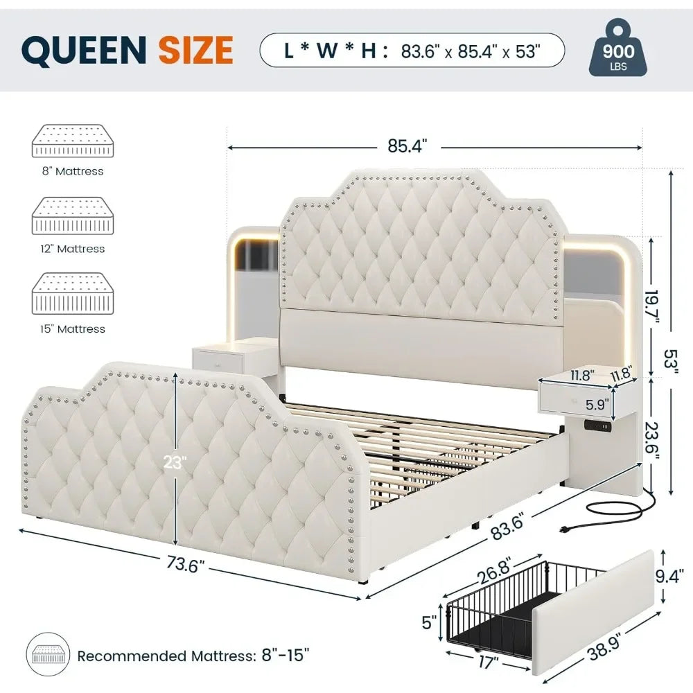 Cadre de lit plateforme Queen Size de 53 po de hauteur avec 4 tiroirs de rangement, station de charge intégrée et têtes de lit blanches à LED sous le lit