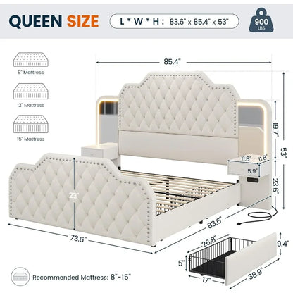 Queen Size 53” Tall Platform Bed Frame With 4 Storage Drawers Built in Charging Station & LED Bedroom White Headboards Under Bed