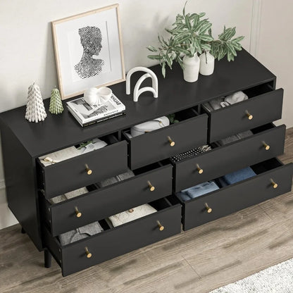 55” Black Dresser, 7 Drawer Dresser for Bedroom with Wide Drawers and Gold Knobs, Wood Dressers & Chests of Drawers Dressers