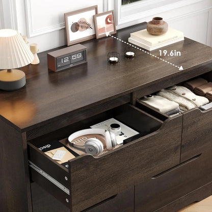 Commode à 6 tiroirs pour chambre à coucher, commode avec 4 compartiments, commode en bois avec poignées découpées