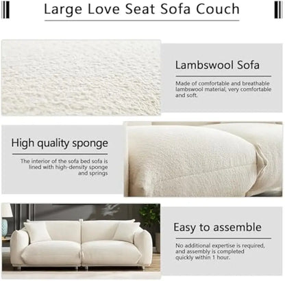 3 Seater Oversized Cloud Couch Loveseat Sofa w/2 Pillows,Comfy Sherpa Lambswool Fabric Modular Sectional Sofa w/Metal Legs,White