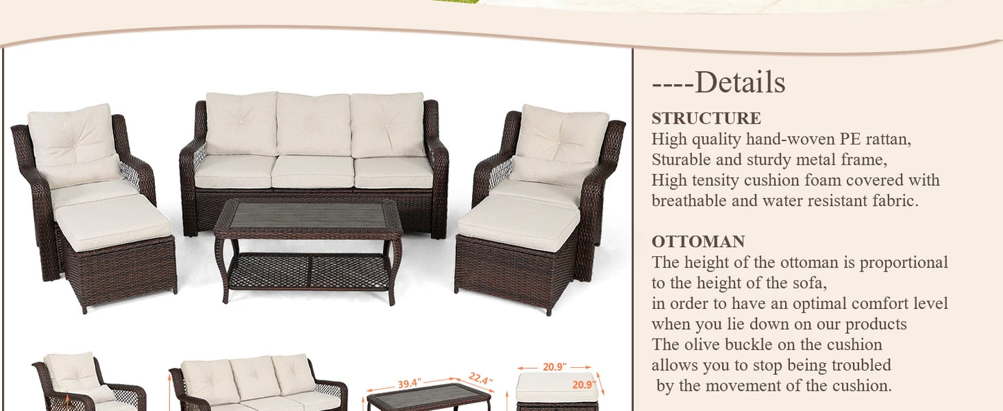 6 Pieces Patio Furniture Set, Wicker Outdoor Patio Conversation Sets, Sectional Rattan Sofa Chairs with Coffee Table