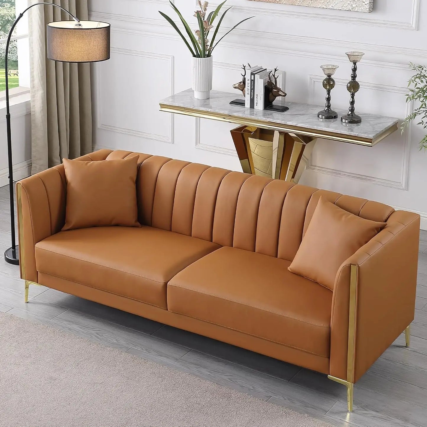 78'' Modern Leather Couches for Living Room, Comfy Faux Leather Sofa 3 Seater Sofa w/2 Pillows & Gold Metal Legs,Deep Seat Sofas