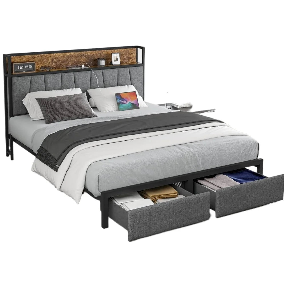 Drawers Platform Bed Frame with Storage Chargin Station LED Light Bed Frame, Heavy Duty, No Box Spring Needed