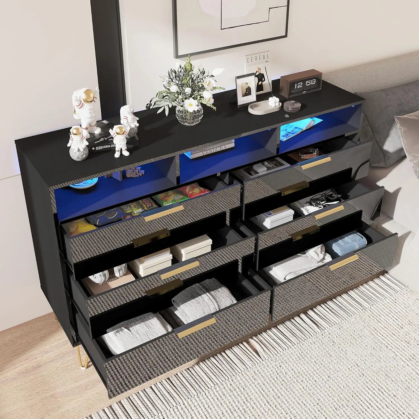 Black Dresser for Bedroom with LED Lights, 6 Drawer with Gold Legs, High Gloss Modern Wood & Chests of Drawers for Living Room