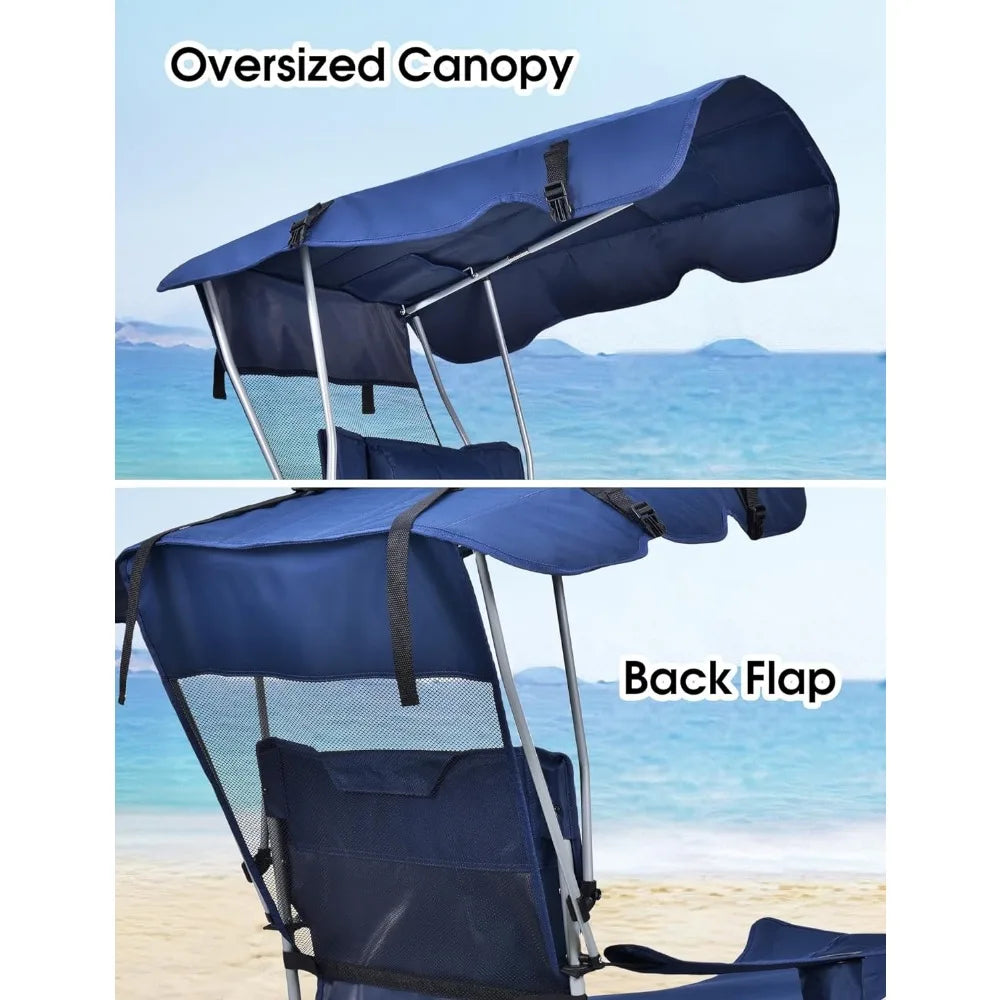 Silla de playa reclinable con toldo y reposapiés, silla de playa con dosel, bolsillo de almacenamiento para acampar, playa, portones traseros, pesca