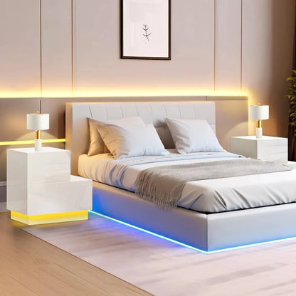 Mesita de noche para sala de estar, muebles para dormitorio, mesita de noche en forma de L con cajones, mesitas de noche, mesitas de noche con LED blancas, mesas de noche para el hogar