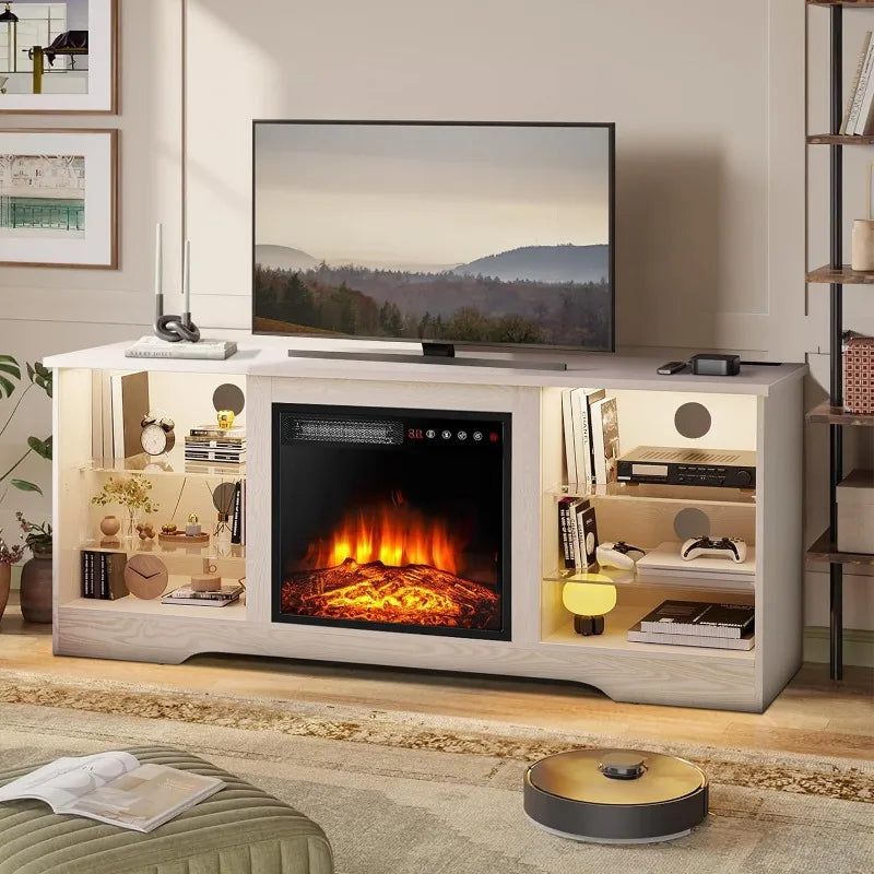 Meuble TV avec cheminée de 58 pouces pour téléviseurs jusqu'à 65 pouces Console avec cheminée électrique de 18 pouces et télécommande, divertissement moderne en bois