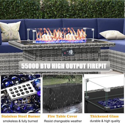 8 Piece Patio Furniture Set with 44" Propane Gas Fire Pit Table, Set Wicker Rattan Sofa Set and Coffee Table Rattan Möbel