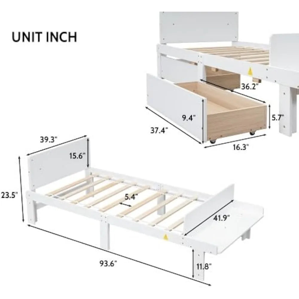 Cadre de lit double avec rangement et banc de pied de lit, lit double en bois avec deux tiroirs, idéal pour la chambre des enfants et des adolescents