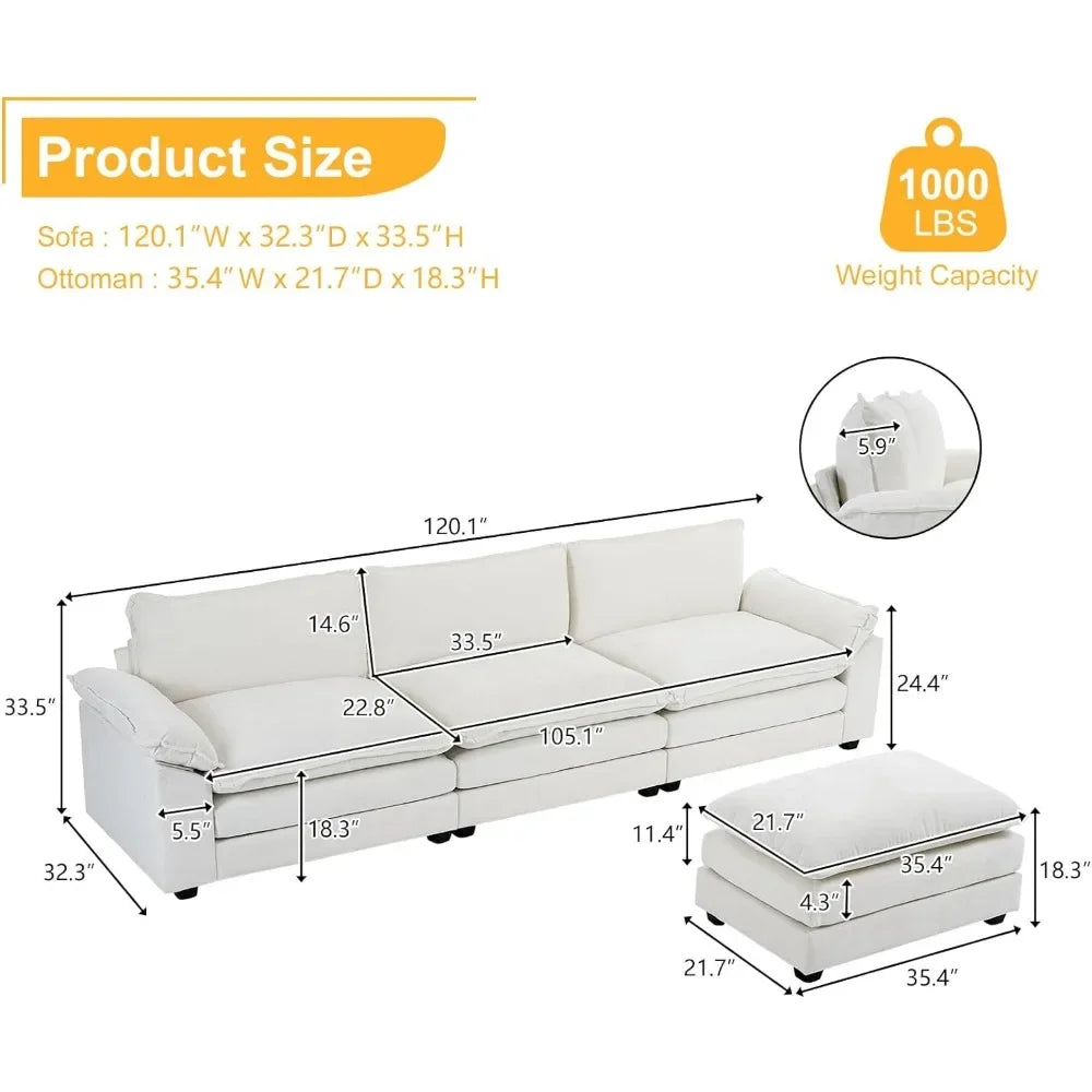 Sofa Sectional Deep 3-Seat Couch with Ottoman,Chenille Sofa Sleeper Comfy Upholstered Furniture for Living Room,Beige Couch