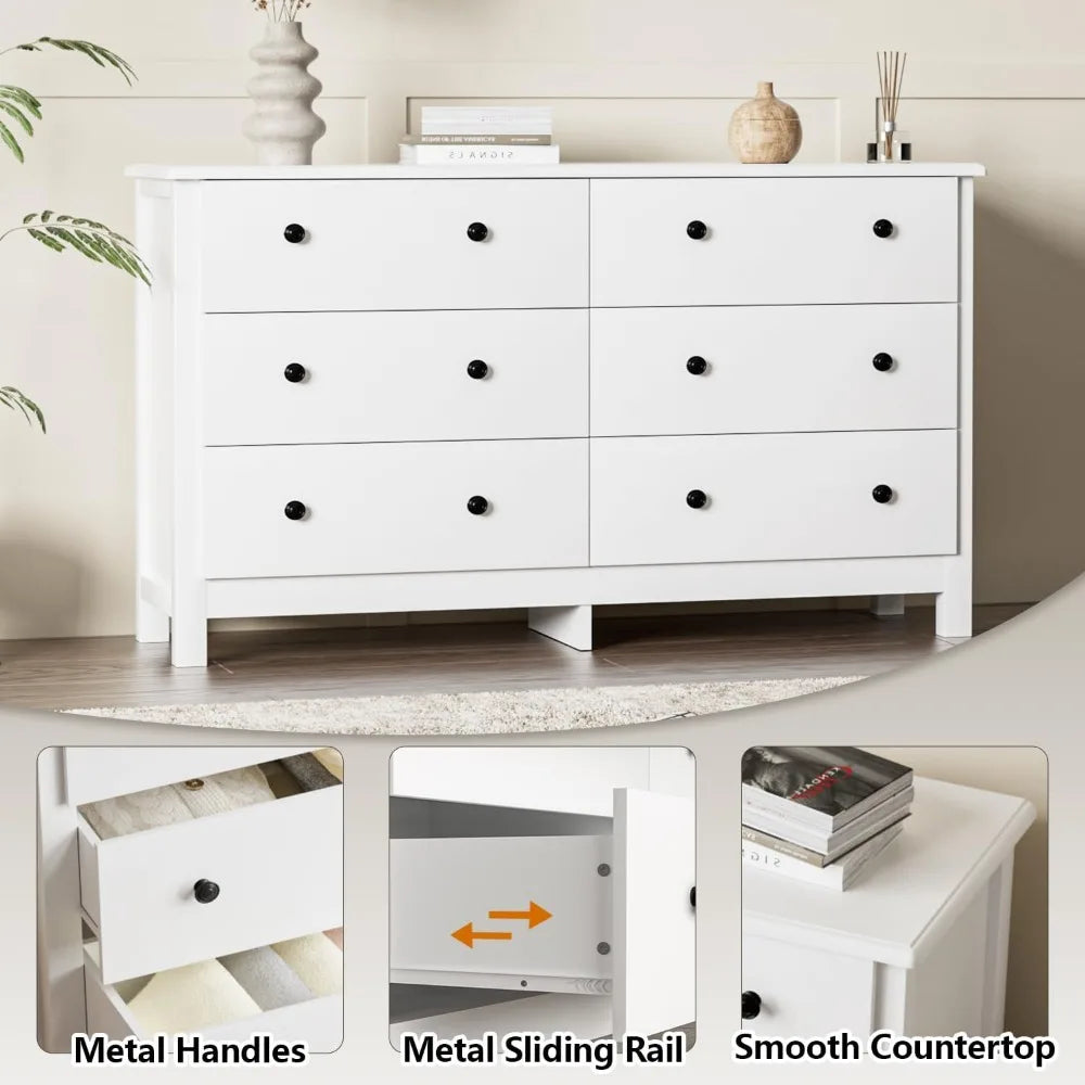 Commode blanche, commode double moderne à 6 tiroirs pour chambre à coucher pour adultes et enfants avec poignées noires, commodes et commodes larges