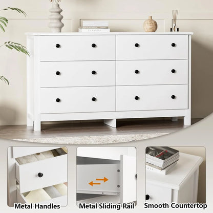 Commode blanche, commode double moderne à 6 tiroirs pour chambre à coucher pour adultes et enfants avec poignées noires, commodes et commodes larges