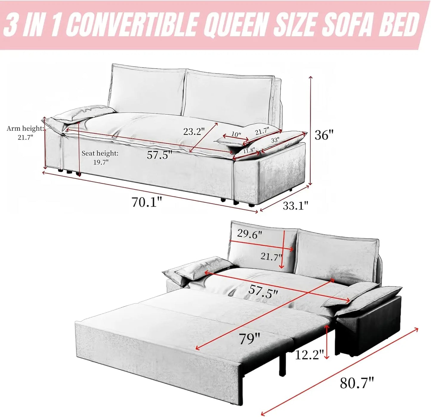 3-in-1 Convertible Queen Bed Multifunctional Sofa Bed Comfortable Pull-out Futon Sofa Bed 70.1" Modern Velvet Chaise Long