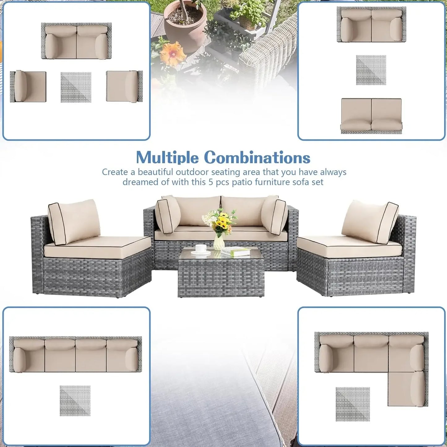 Shintenchi 5 Pieces Outdoor Patio Sectional Sofa Couch, Silver Gray PE Wicker Furniture Conversation Sets with Washable Cushions