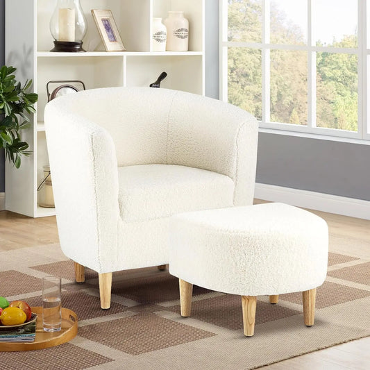 Fauteuil d'appoint, chaise Sherpa, canapé tonneau blanc moelleux en peluche avec repose-pieds ottoman, ensemble de salon confortable, ensemble de 1/2