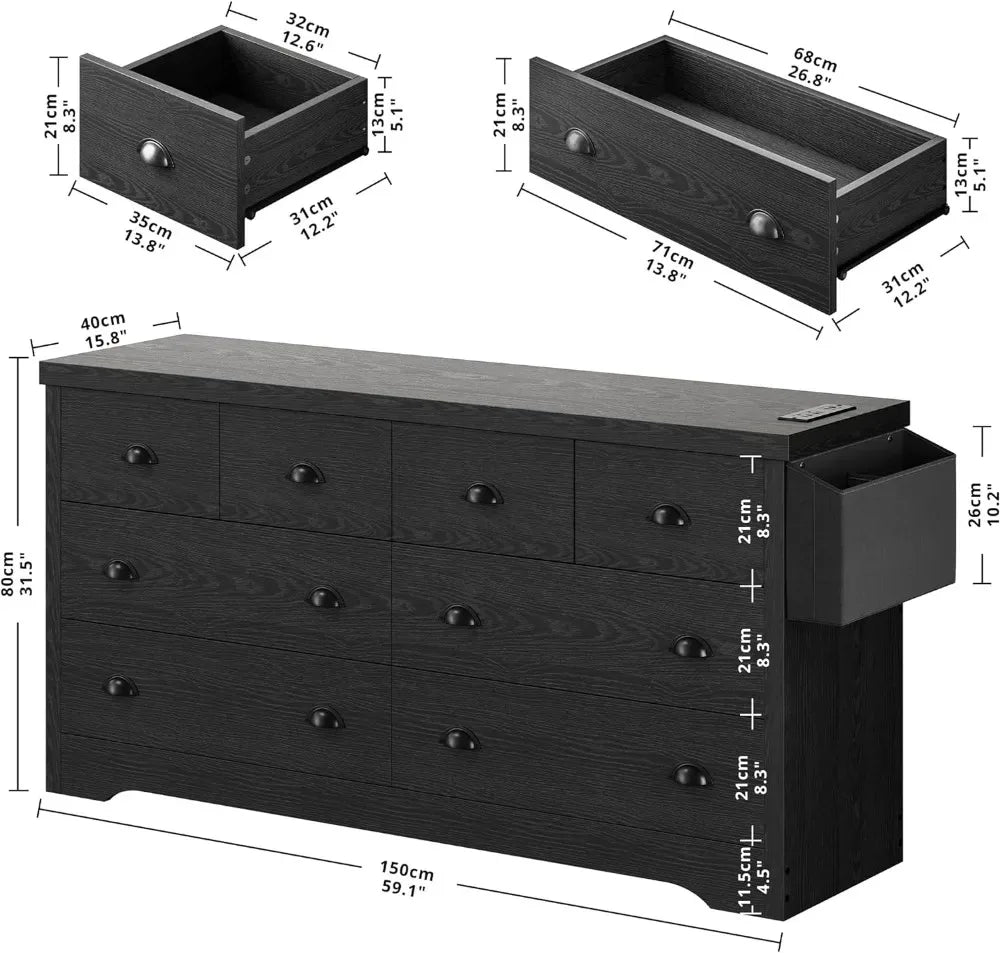 Commode 8 tiroirs, commode de chambre à coucher moderne en bois avec station de charge et sac de rangement, commode de rangement pour le salon