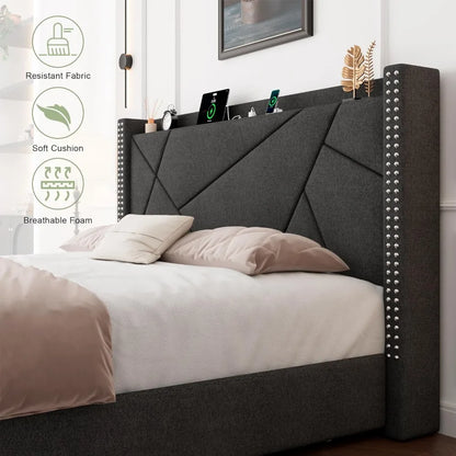 Queen Bed Frame with 4 Storage Drawers, Upholstered Platform Bed Frame with Charging Station & Wingback Shelf, Solid Wood Slats