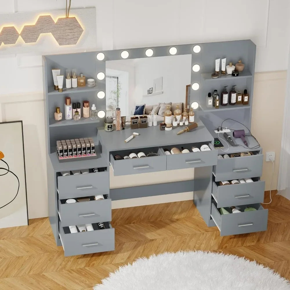 Coiffeuse avec miroir et lumières, avec multiprise, 3 modes d'éclairage, luminosité réglable, grand tiroir et six rangements ouverts