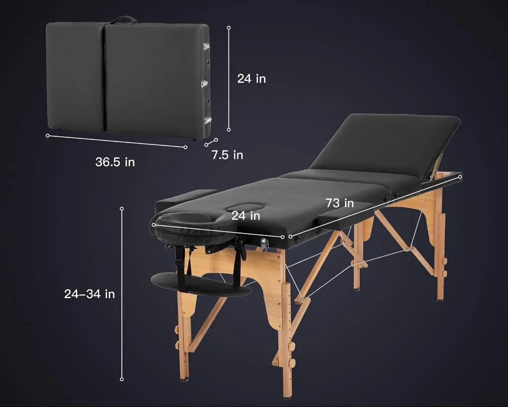 Table Portable Massage Tables 3 Fold Spa Bed 84" L 34" H Inch Height Adjustable Salon Bed Lightweight Spa Table with Carry Case