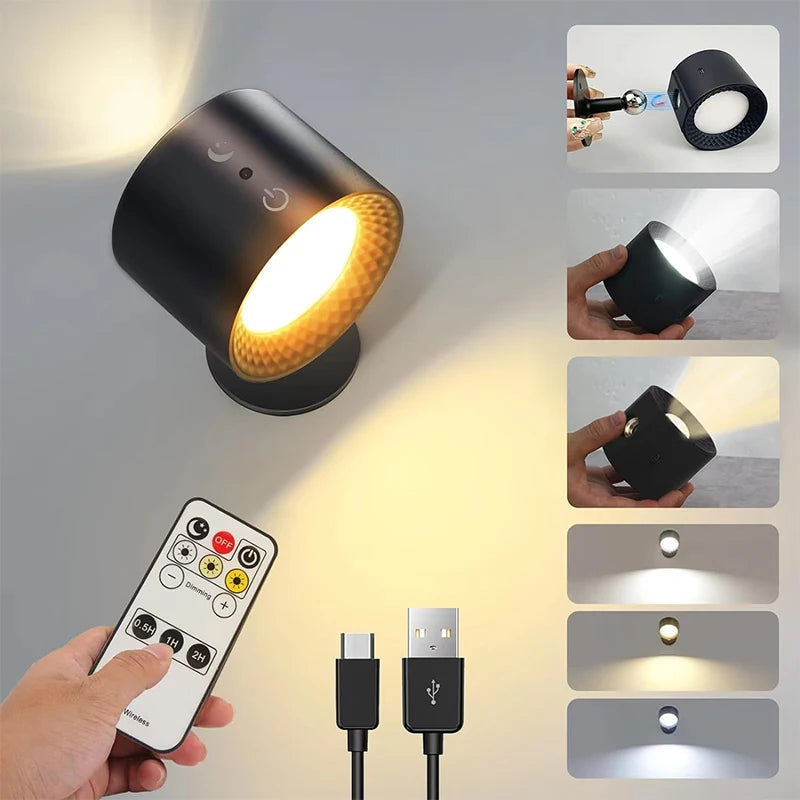 Lámpara de pared LED de doble cabezal con control táctil y mando a distancia, giratoria 360 grados, recargable por USB, luz nocturna portátil inalámbrica para dormitorio, lámpara de lectura