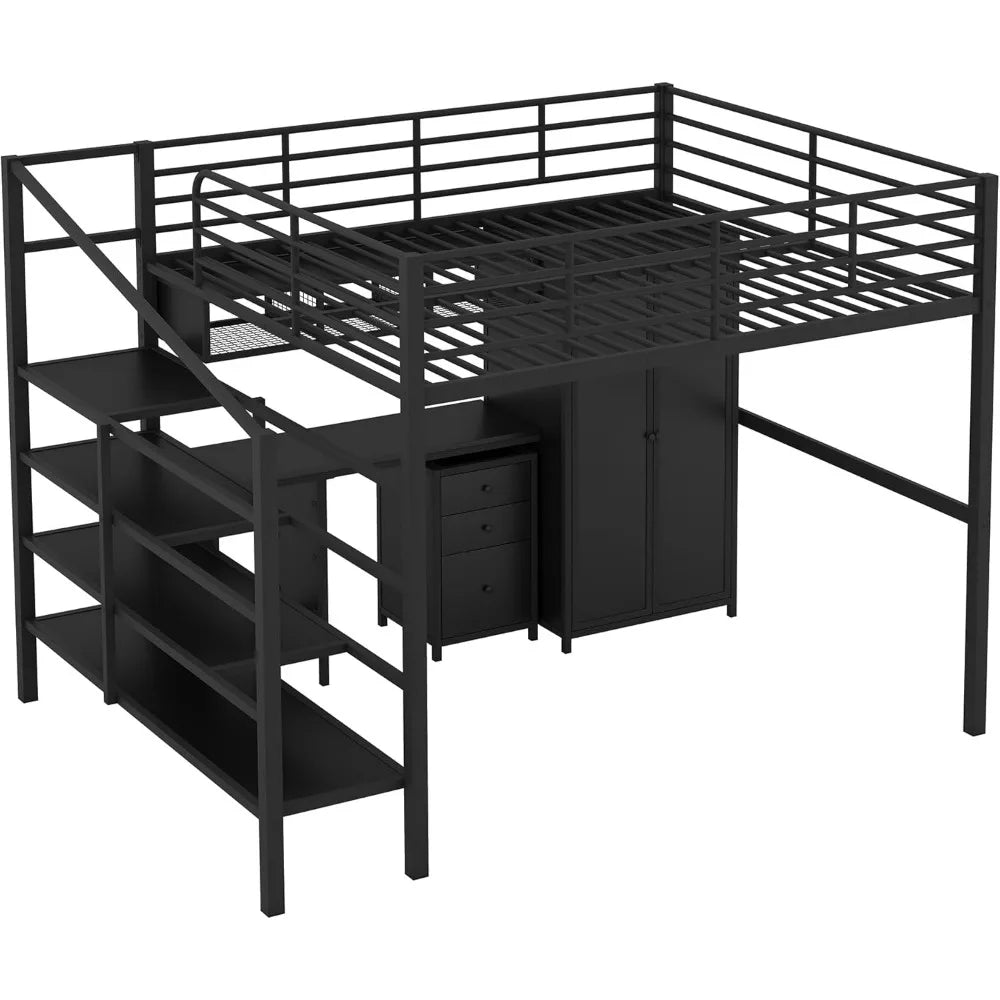 Cama alta completa con escritorio y armario, cama alta con escaleras de almacenamiento, cama alta de tamaño completo para adultos, niños y adolescentes, de metal, color negro