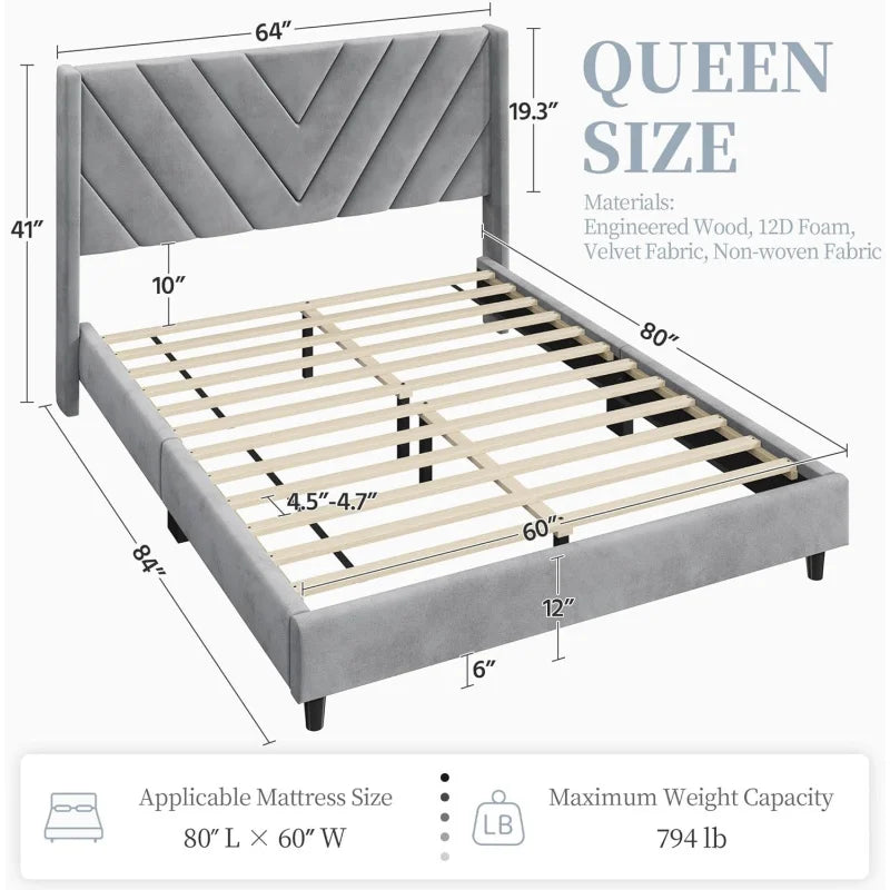 Lit plateforme rembourré à cadre Queen / Support à lattes en bois / Tête de lit capitonnée avec côté à aile / Matelas F