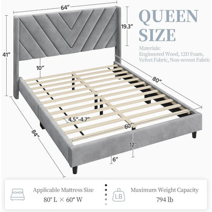 Queen Frame Upholstered Platform Bed /Wooden Slat Support/Tufted Headboard With Wing Side/Mattress F