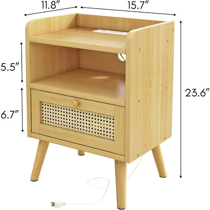 Ensemble de tables de chevet avec station de chargement, table de chevet avec tiroir décoratif en rotin, table d'appoint de rangement ouverte, table de chevet