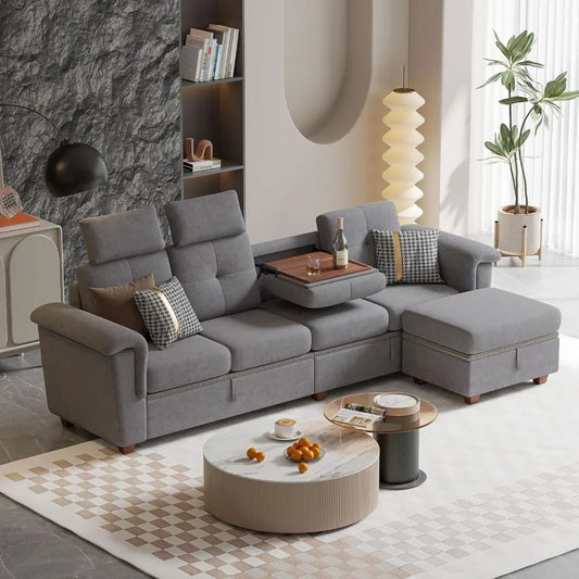 Convertible Sectional Sofa with Storage,4 Seat L Shaped Couch with Chaise and Cup Holder,Modern Microfiber Fabric Sofas Couches