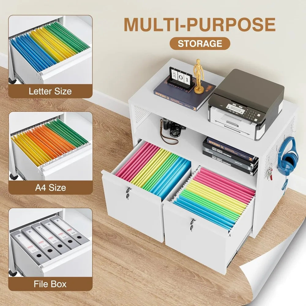 Classeur mobile avec serrure, classeurs latéraux en métal, support d'imprimante avec armoires de rangement pour bureau à domicile, A4/F4/Lettre