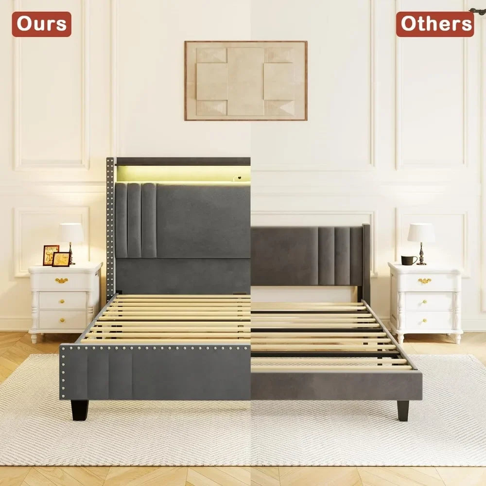 King Size Bed Frame With Tall Headboard & LED Light,Velvet Upholstered Wingback Storage,with Charging Station,bed Frame